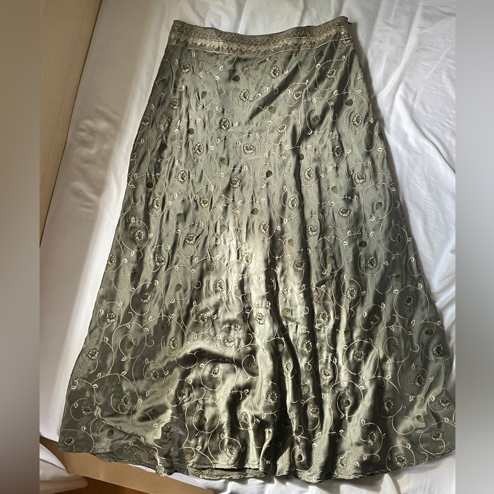 Nathalie Seaver Sage Green Embroidered Silk Maxi Skirt
